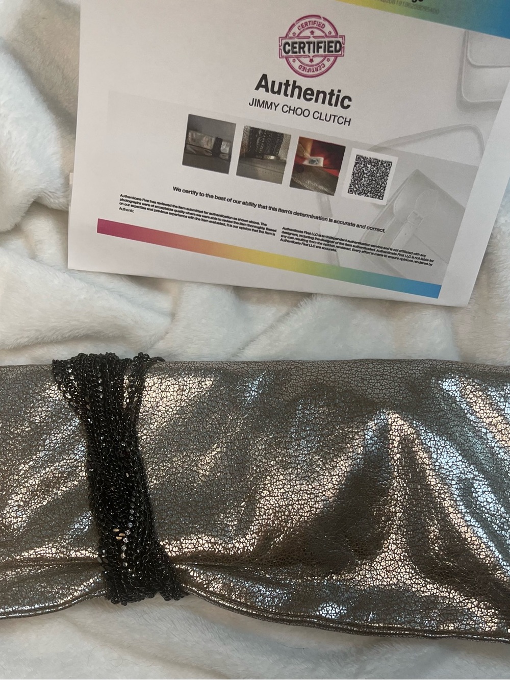 Jimmy Choo Chain-Link Suede Chandra Clutch Gray And Black Chain Authentic COA - Picture 5 of 15